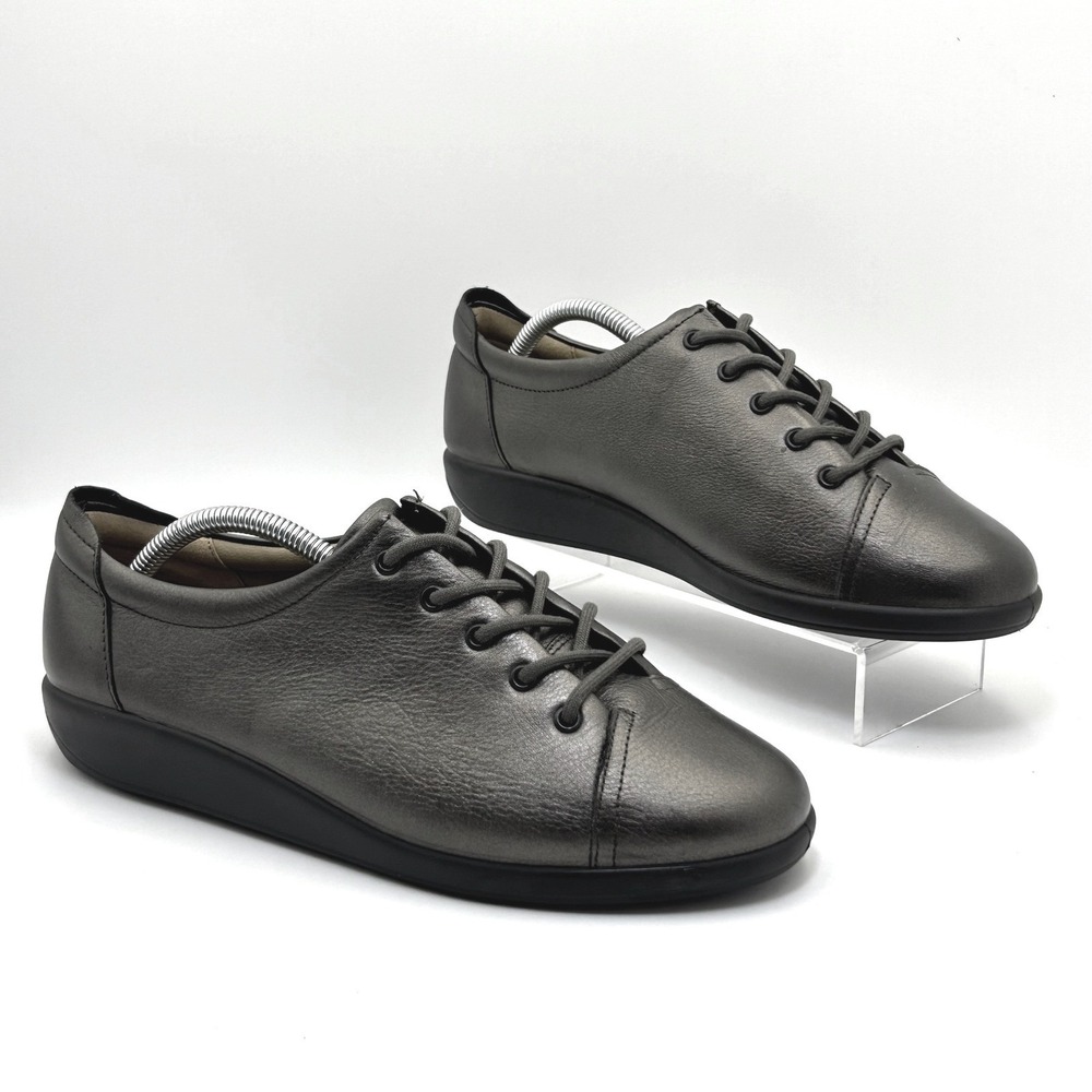 Hotter Dew Lace Up Shoes Women Pewter Metallic Leather 9 Wide EEE Comfort Oxford